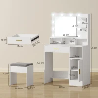 HOMCOM Toucador de Maquilhagem com Luzes LED Banco Espelho 3 Cores 10 Lâmpadas Gaveta Prateleiras e Compartimentos Branco(m-3)