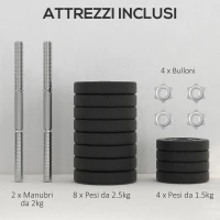 HOMCOM Set Pesi Manubri da 30 kg (8x2.5 kg, 4x1.5 kg) con 12 Dischi e 2 Manubri da 2 kg, 43x18x7.5 cm, Nero(m-6)