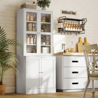 HOMCOM Modern Bookcase with Glass Doors, Display Storage Cabinet with Adjustable Shelves for Living Room, Study, Home Office, Kitchen Cupboard with Small Open Counter, White(m-7)