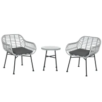 Outsunny Set Mobili da Giardino in Rattan PE con 2 Sedie e Tavolino con Ripiano in Vetro, Grigio(m-1)