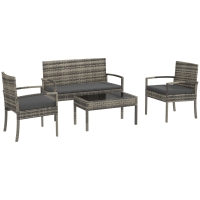 Outsunny Juego de 4 Piezas Muebles de Jardín con 2 Sillones 1 Sofá de 2 Plazas y 1 Mesa de Centro de Tablero de Vidrio Gris