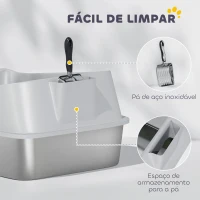 PawHut Caixa de Areia para Gatos em Aço Inoxidável XXL com Borda Alta Pá Fácil de Limpar À Prova de Fugas 70x50x30 cm Cinzento(m-8)