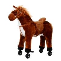 HOMCOM Cheval à Bascule pour Enfants 3+ Ans avec 4 Roues et Sons Réalistes, Bascule pour Enfants Rembourrée avec Repose-Pieds, 65x28x75 cm, Marron