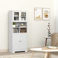HOMCOM Credenza Cucina avec 2 Armoires et 3 Compartiments Ouverts, Portes en Verre et Étagères Réglables, 60x30x145.5 cm, Blanc(m-3)