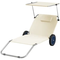 Outsunny Chaise longue pliable de jardin avec coussin de tête, auvent et dossier inclinable Beige(m-1)