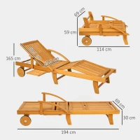 Outsunny Transat en bois, canapé de jardin pliable avec table latérale, roues, dossier ajustable en 4 positions Teck(m-3)