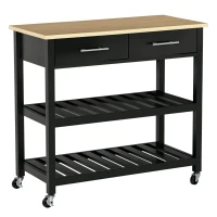 HOMCOM Chariot de service desserte de cuisine à roulettes 2 étagères 2 tiroirs noir bois naturel(m-1)
