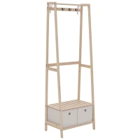 HOMCOM Perchero de Madera con Zapatero de 2 Estantes Perchero de Pie con 2 Cajones de Tela 4 Ganchos y Barra para Colgar Ropa Bolsas para Entrada Salón 58x36x168 cm Natural(m-10)
