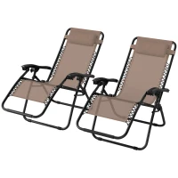 Outsunny Zero Gravity Chair Set of 2, Metal Frame Texteline Armchair Outdoor Folding and Reclining Sun Lounger with Head Pillow for Patio Decking Gardens Camping, Beige(m-1)