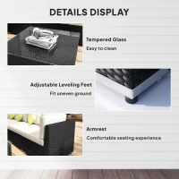Outsunny 8 Pieces PE Rattan Corner Sofa Set Garden Aluminium Furniture Set with Glass Top Table Washable Cushion Cover Black(m-7)
