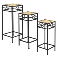 Outsunny Blumenständer, 3er-Set, rund, stapelbar, Rattanoptik, Metallbeine, In- und Outdoor, Schwarz/Gold(m-10)