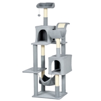 PawHut Albero per Gatti con Amaca, Lettino e 2 Casette, in Truciolato e Peluche, 55x49x177 cm, Grigio e Bianco