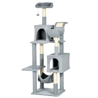PawHut Albero per Gatti con Amaca, Lettino e 2 Casette, in Truciolato e Peluche, 55x49x177 cm, Grigio e Bianco(m-1)