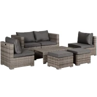 Outsunny Conjunto de Muebles de Jardín 8 Piezas de Ratán Sintético con 2 Mesas Reposapiés y Cojines para Patio Terraza Marrón y Gris(m-1)