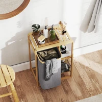 HOMCOM Panier à Linge avec Sac Amovible et Étagères à Lattes en Bambou, 50x32x70 cm, Gris(m-3)