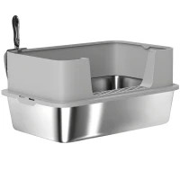 PawHut Caixa de Areia para Gatos em Aço Inoxidável XL Caixa de Areia para Gatos com Borda Alta e Pá 60x40x29,5 cm Cinzento(m-11)