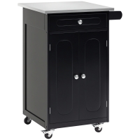 HOMCOM Chariot de service desserte de cuisine à roulettes multi-rangements 1 tiroir placard 2 portes avec étagère porte-torchons MDF noir acier inoxydable