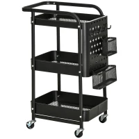 HOMCOM Carrito Auxiliar con Ruedas Carro de Almacenaje Multifuncional con 4 Ganchos y 2 Cestas Colgantes 51,5x32x75,6 cm Negro(m-1)