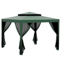 Outsunny Tente de Jardin 3x3 m Cenador Gazebo avec 4 Moustiquaires Latérales Toit Double 8 Trous de Drainage Cadre Métallique Vert(m-6)