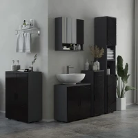kleankin Colonne de Salle de Bain en Panneau de Particules avec 2 Étagères Ouvertes et 2 Armoires à 2 Niveaux, 30x30x183 cm, Noir et Gris(m-2)