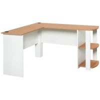 HOMCOM Bureau informatique bureau d'angle contemporain avec étagères en panneaux de particules idéal pour maison dortoir 136 x 130 x 72 cm bicolore imitation noyer clair blanc(m-1)