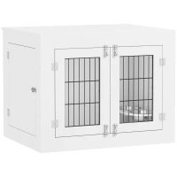 PawHut Cage pour chien intérieur caisse pour chien en bois 2 bols rotatifs à 360° 2 portes chien moyenne 80 x 60 x 63 cm blanc(m-12)