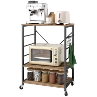HOMCOM Étagère de Cuisine à 3 Niveaux Style Industriel avec Roues et 4 Crochets, Structure en Acier, 60x40x84 cm, Teck