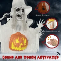 HOMCOM 6ft Outdoor Halloween Decoration Witch with Pumpkin, Hanging Skeleton Witch Prop Life Size with Sound and Motion Activated, Light Up Eyes, Laughing Sound, Posable Arms, White(m-6)