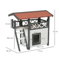 PawHut Caseta para Gatos de 2 Niveles 77x50x73 cm Refugio para Gatos con Techo Asfáltico Escalera y Balcón para Exterior Blanco(m-3)