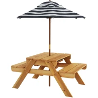Outsunny Mesa de Piquenique para Crianças de Madeira Mesa e 2 Bancos Infantis com Chapéu de Sol e Caixa de Areia 89x80,5x42,5 cm Teca(m-10)