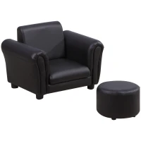 HOMCOM Ensemble Fauteuil et Pouf Enfant Style Contemporain Structure Bois revêtement synthétique PVC Noir(m-11)