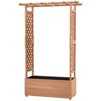 Outsunny Strat de Grădină Înălțat cu Grilaj și Acoperiș, Jardinieră din Lemn pentru Plante Cățărătoare, 112x41x180 cm, Maro(m-11)