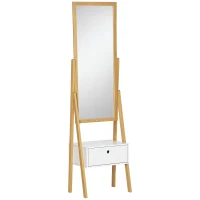 HOMCOM Espejo de Pie de Bambú Espejo de Cuerpo Entero con 1 Cajón para Dormitorio Vestidor Entrada 45x30x160 cm Natural(m-10)
