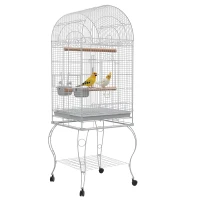 PawHut Gaiola para Pássaros com Rodas Bandeja Amovível Prateleira 2 Comedouros de Aço Inoxidável e Poleiro 51x51x153 cm Branco(m-10)