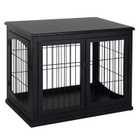 PawHut Jaula para Perros de Madera con Superficie de Mesa 2 Puertas y Rejillas de Metal 81x58,5x66 cm Negro(m-10)