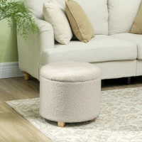 HOMCOM Tabouret rond de rangement avec couvercle et pieds en bois, Repose-pied pour salon, couloir, chambre à coucher, Crème(m-2)