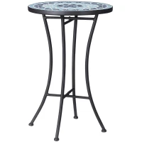 Outsunny Tavolino da Giardino Rotondo in Metallo con Piano in Ceramica, Design a Mosaico, Ф35.5x53.5cm, Blu(m-1)