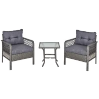 Outsunny Conjunto de Muebles de Ratán Juegos de 3 Piezas de Jardín 2 Sillones 65x66x75 cm y Mesa de Vidrio Templado 50x50x50 cm con Cojines Acolchados para Terraza Patio Gris(m-1)