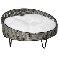 PawHut Cama para Perros Gatos de Mimbre Redonda Cesta Ratán para Mascotas Pequeños con Cojín Lavable y Patas Elevadas de Acero Ø60x32 cm Gris y Blanco(m-1)