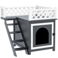 PawHut Maison pour chat niche pour chat à 2 étages avec balcon escaliers en bois massif 67,5 x 63 x 68,5 cm gris(m-11)