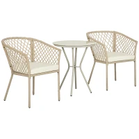 Outsunny Conjunto de Jardín de 3 Piezas de Ratán Sintético Set de 2 Sillas y 1 Mesa con Encimera de Cristal Caqui y Natural(m-10)