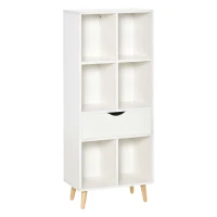 HOMCOM Estantería para Libros con 1 Cajón y Patas de Madera 6 Compartimentos Abiertos de Almacenaje 50x29,5x120 cm Blanco(m-1)