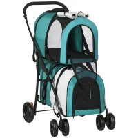 PawHut Carrinho Duplo para Cães Gatos Dobrável com 2 Transportadoras Portáteis Cinto de Segurança 66x50x98 cm Turquesa e Cinza(m-10)