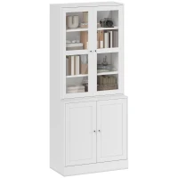 HOMCOM Modern Bookcase with Glass Doors, Display Storage Cabinet with Adjustable Shelves for Living Room, Study, Home Office, Kitchen Cupboard with Small Open Counter, White(m-10)