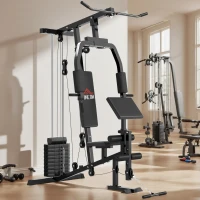 HOMCOM Multiestación Máquina de Musculación con Estribo para Piernas Poleas y Placas de Peso de 45 kg para Entrenamiento Fitness en Hogar Gimnasio 148x108x207 cm Negro(m-4)