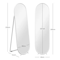 HOMCOM Miroir sur pied, forme ovale, debout, cadre en métal, 40x160 cm, couleur : Blanc(m-3)