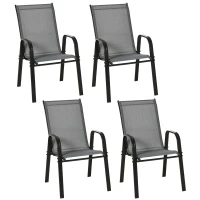 Outsunny Lot de 4 Chaises de Jardin Empilables et Gain de Place avec Accoudoirs en Métal et Tissu en Filet, Gris(m-6)