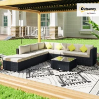 Outsunny 8 Pieces PE Rattan Corner Sofa Set Garden Aluminium Furniture Set with Glass Top Table Washable Cushion Cover Black(m-10)