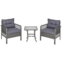 Outsunny Conjunto de Muebles de Ratán Juegos de 3 Piezas de Jardín 2 Sillones 65x66x75 cm y Mesa de Vidrio Templado 50x50x50 cm con Cojines Acolchados para Terraza Patio Gris(m-10)
