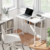 HOMCOM Bureau Pliant Gain de Place à Rabat avec Étagère, Pochette de Rangement et Roues, Blanc(m-2)